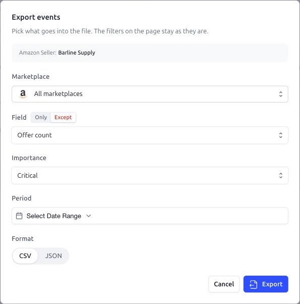 Smart Alerts. The Export events dialog pre-filled with the filters of the feed