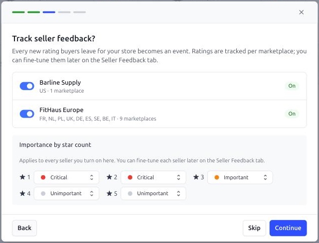 Smart Alerts. The seller feedback step with both sellers switched on and importance set for each star count