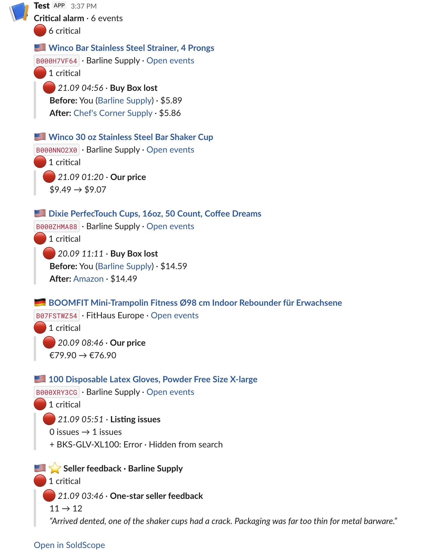 Smart Alerts. An instant Critical alert in Slack: a lost Buy Box, a price change, a listing issue and a one-star seller feedback, each with an Open events link