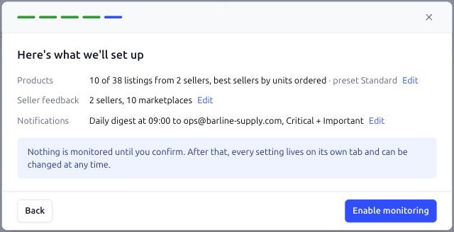 Smart Alerts. The review step summarising products, seller feedback and notifications