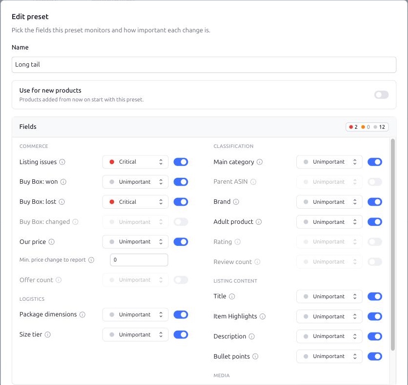 Smart Alerts. The preset editor with fields grouped into Commerce, Logistics, Classification and Listing content