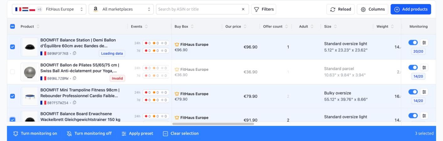 Smart Alerts. Three products selected with the bulk bar at the bottom; one row shows Loading data, a greyed-out row shows Invalid