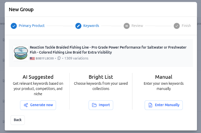 New Group Modal - Keywords Selection