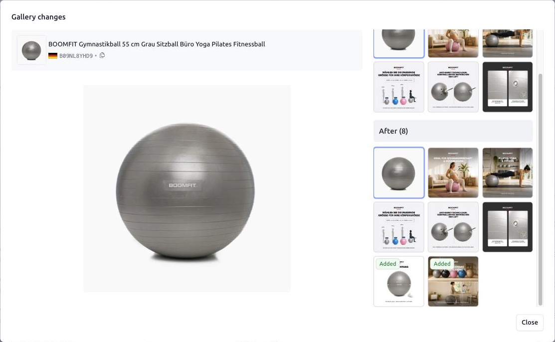 Smart Alerts. The Gallery changes dialog: the gallery before and after, with two added images marked