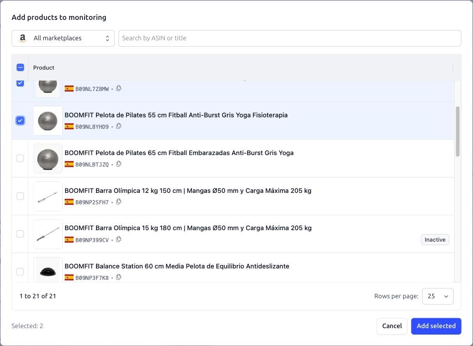 Smart Alerts. The Add products to monitoring dialog with two listings selected and an Inactive listing