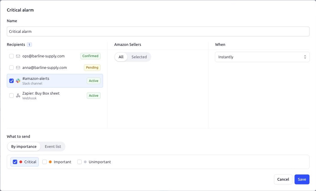 Smart Alerts. The setting editor: a Slack channel as recipient, all sellers, Instantly, Critical events only