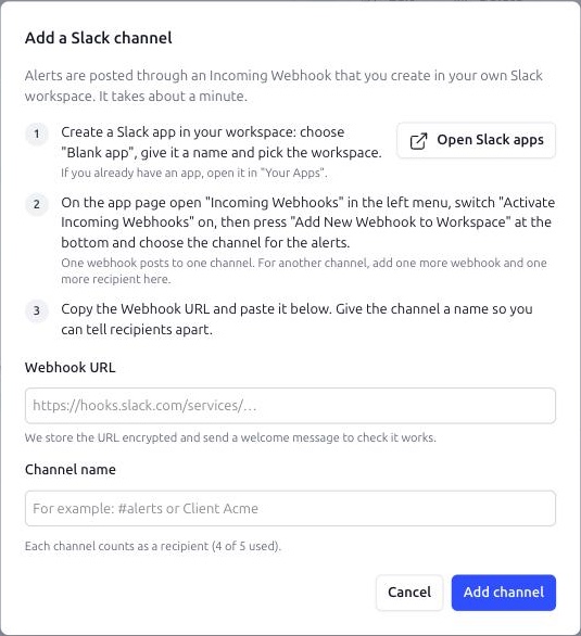 Smart Alerts. The Add a Slack channel dialog with the three setup steps