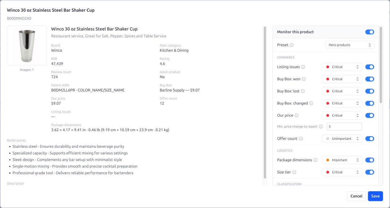 Smart Alerts. Product settings: current values on the left, the Monitor this product switch, the preset and the monitored fields on the right