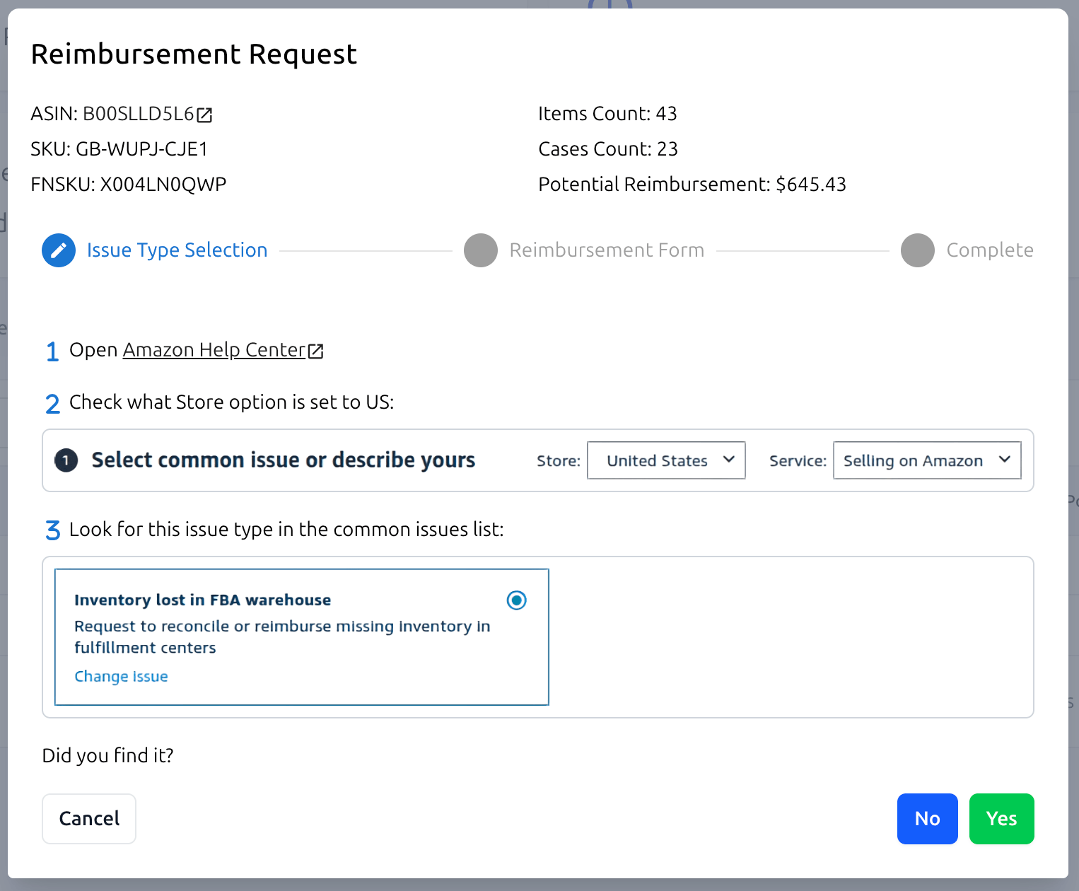 Reimbursement request wizard