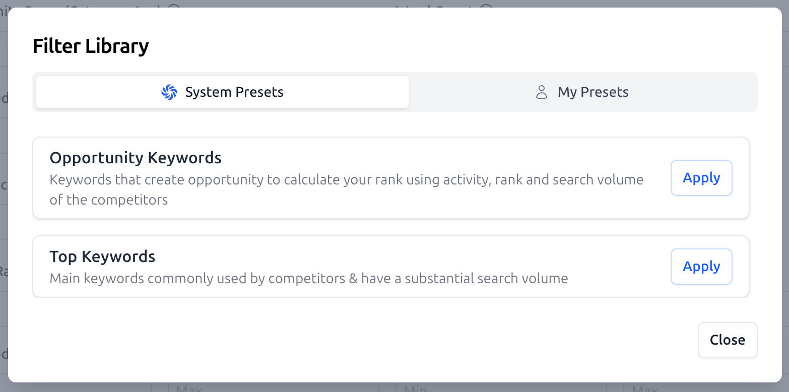 Keyword Research Filter Presets