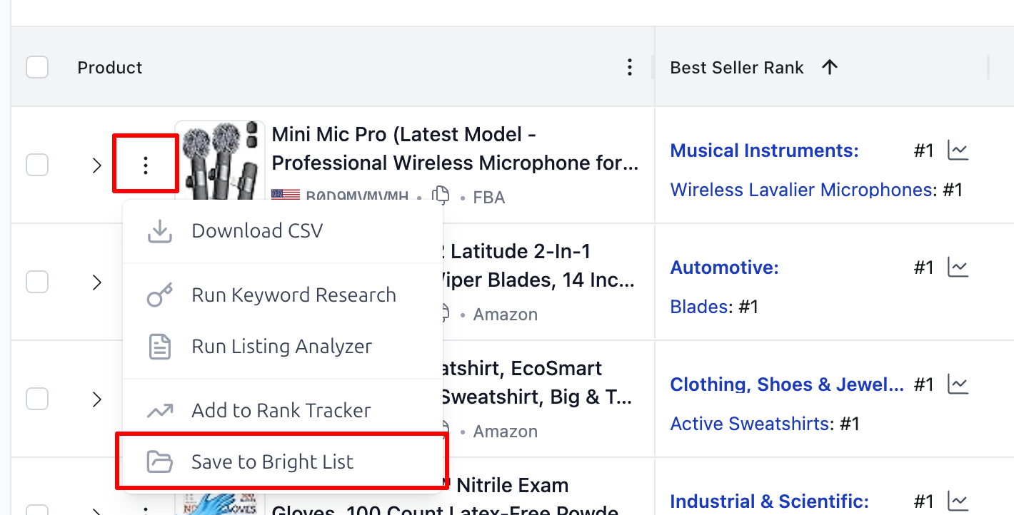 Product Research Export to Bright List