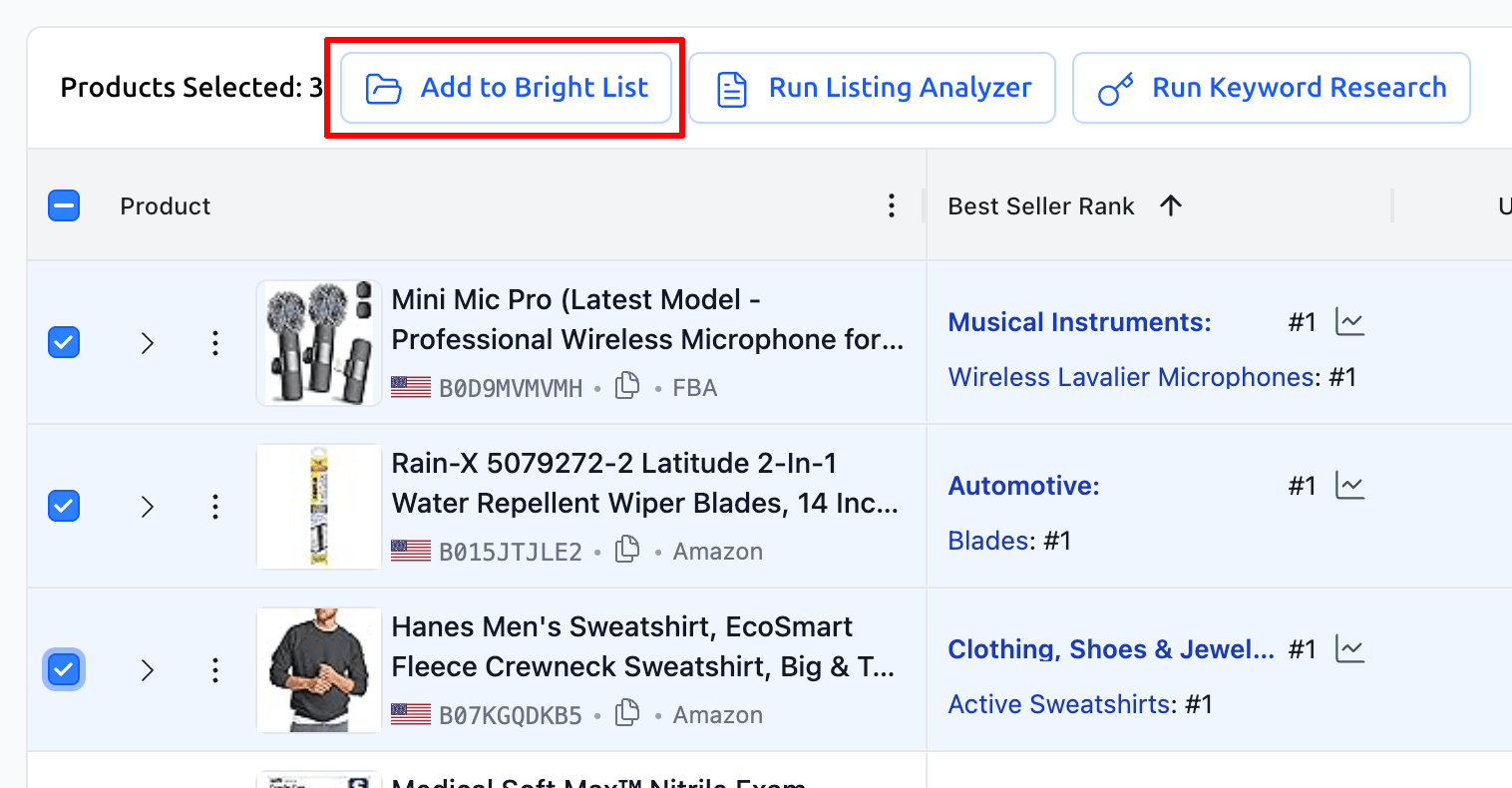 Product Research Export to Bright List