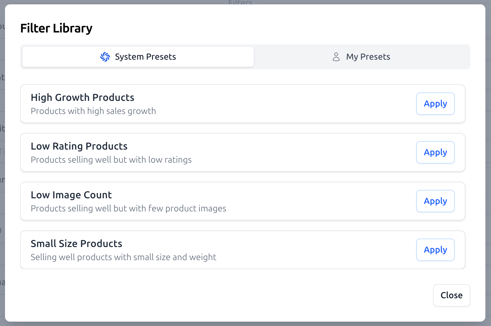 Product Research - Filter Library