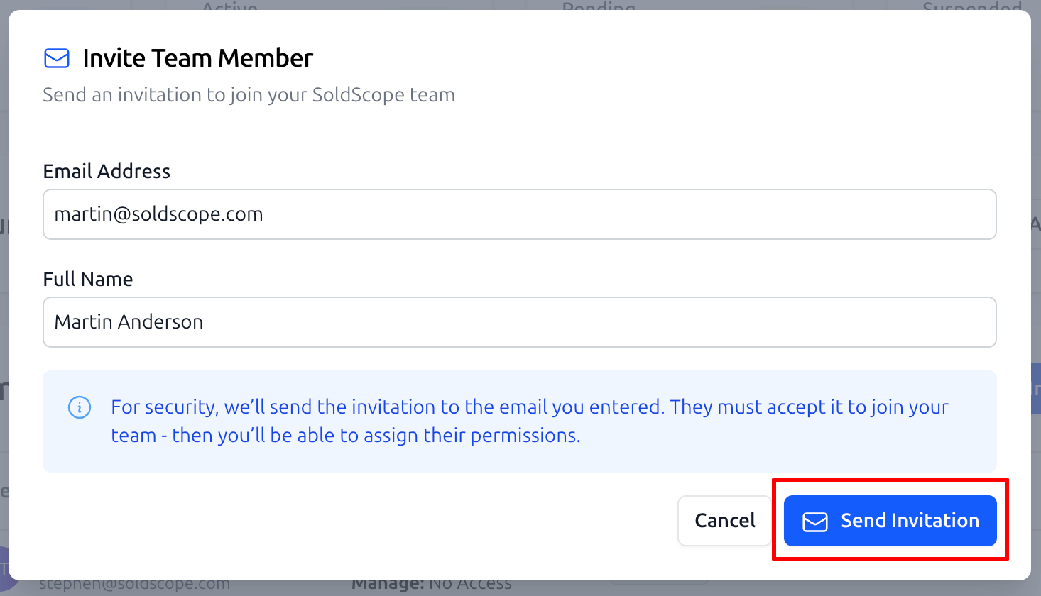 Team Management Send Invitation