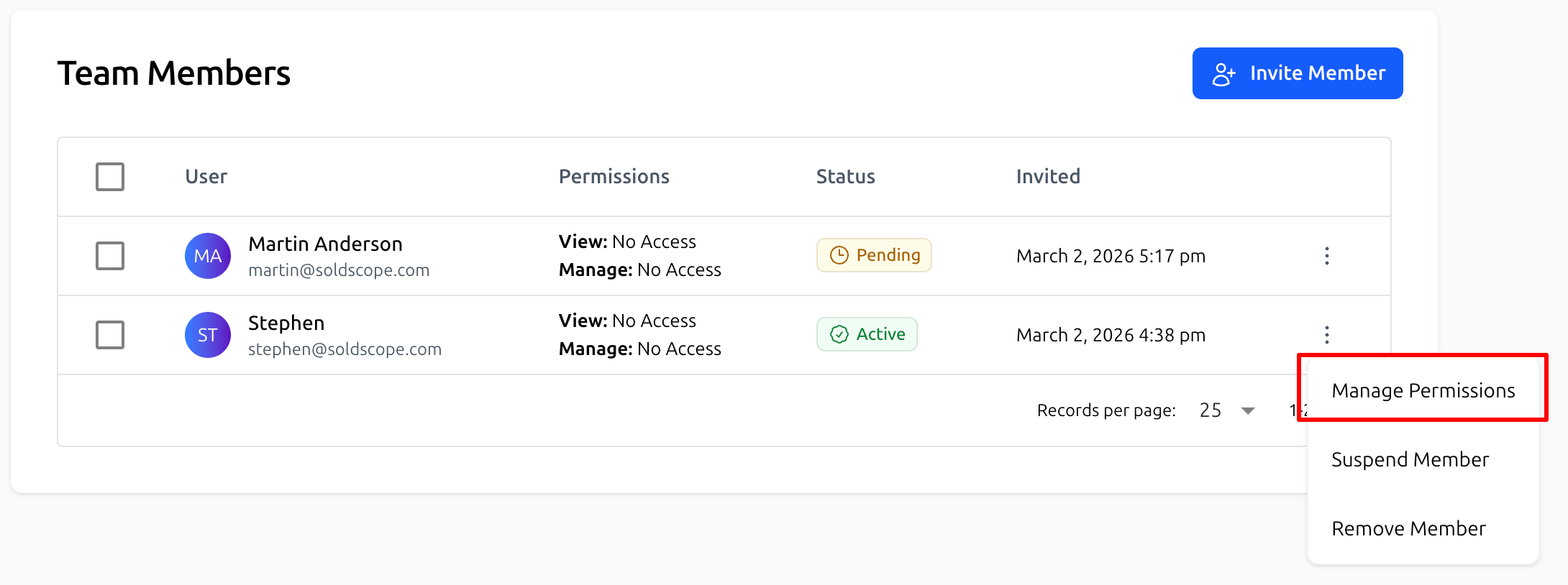 Team Management Manage Button