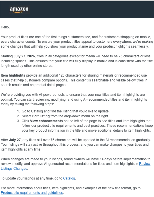 Screenshot of Amazons seller email announcing that product titles must be 75 characters or fewer starting July 27 2026