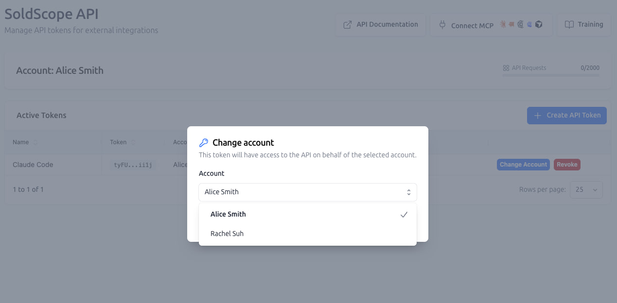 Switch SoldScope account associated with API token