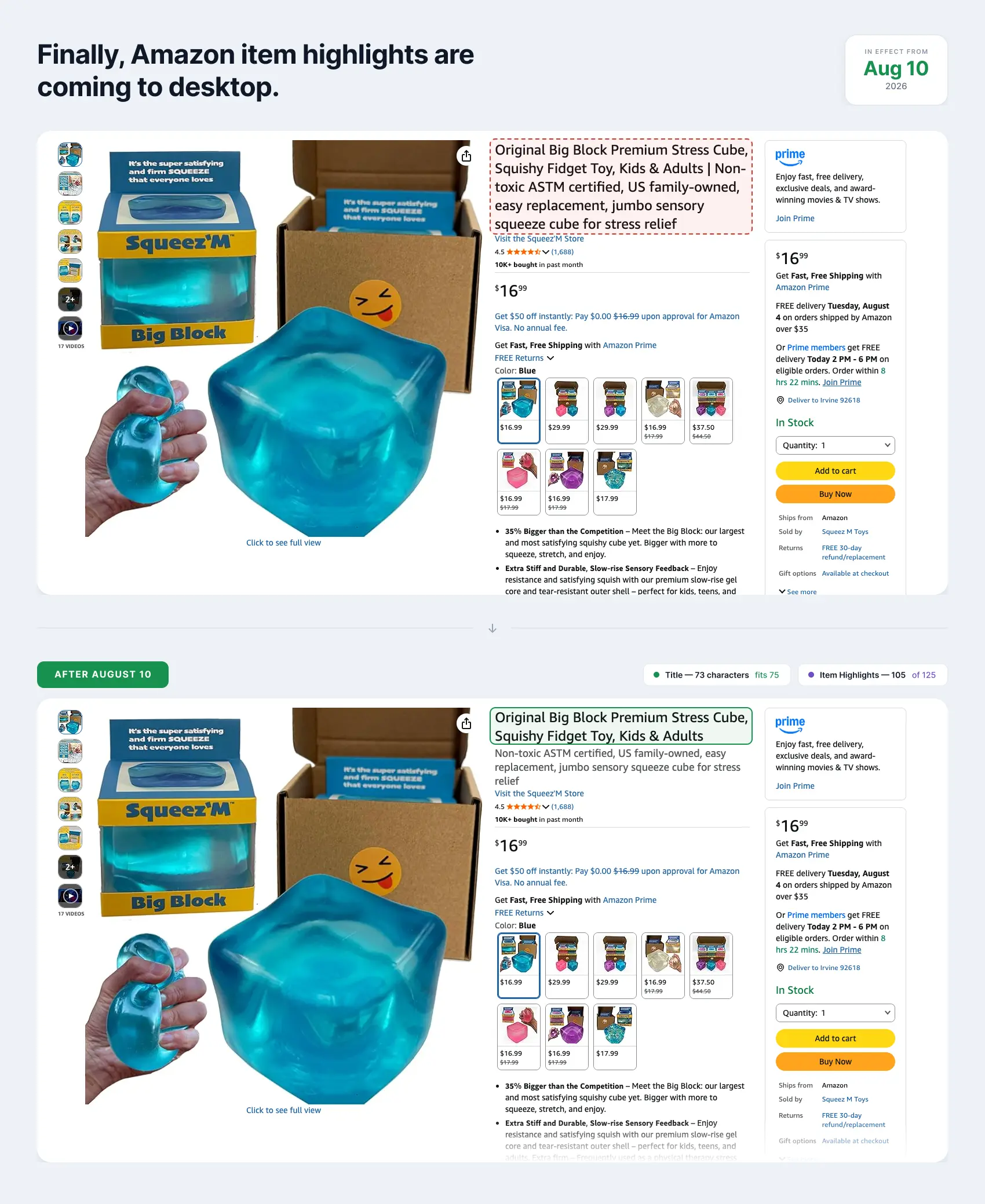 Amazon Says Item Highlights Will Move Below the Title on Desktop From August 10